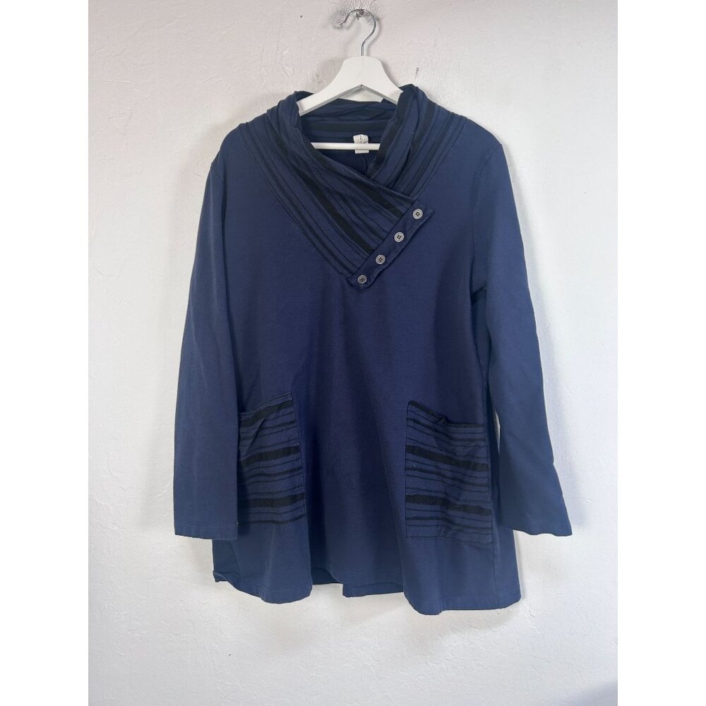 Chalet et Cici Womens Cowl Neck Tunic Top Large Blue with Stripe Artsy Pockets